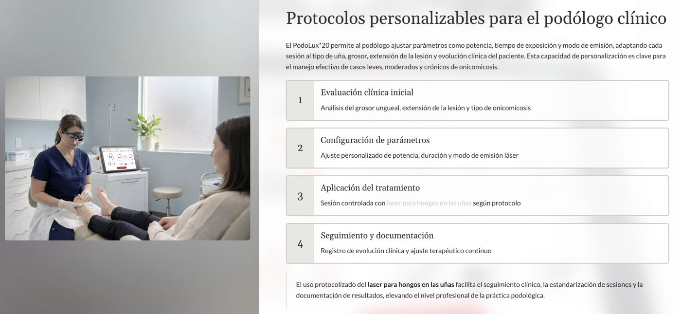 Laser para hongos en las uñas con equipo PodoLux 20 en podología clínica profesional